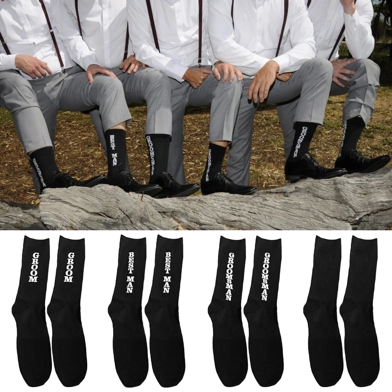 

2020 Men Funny Novelty Black Crew Socks Groom Best Man Groomsman Father Letters Print Cotton Mid Tube Hosiery Wedding Party Sock
