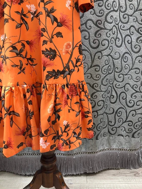 

100%Cotton Dress New 2021 Spring Summer Clothing Women V-Neck Floral Print Bow Belt Long Sleeve Casual Orange Dress Vestidos XL