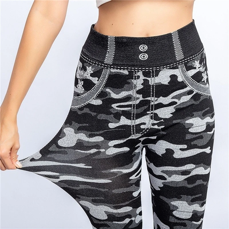 

High Waist Imitation Jean Leggings Slim Elastic Seamless Plus Size 2XL Skinny Pencil Pant Female Workout Running Leggings