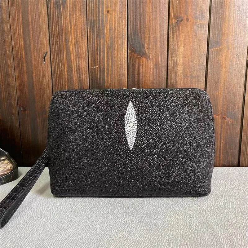 

Authentic Real True Stingray Skin Men's Classic Black Wristlets Purse Clutch Bag Genuine Exotic Leather Male Large Card Holders