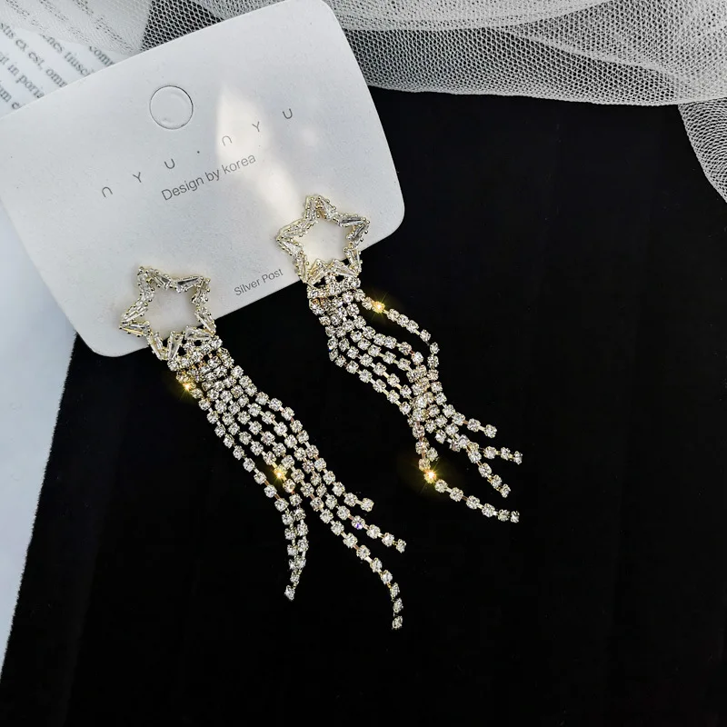 

Flash Diamond Long Tassel Korean Five-Pointed Star Earrings Female s925 Silver Needle High-End Women Wedding Jewelry Accessories