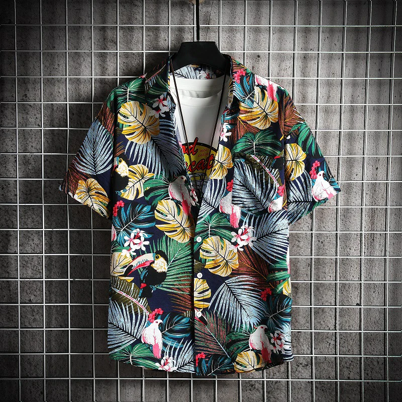 Fashion Dot Mens Hawaiian Beach Shirts 2021  Summer New Short Sleeve Floral Print Tropical Aloha Shirts Holiday Vacation