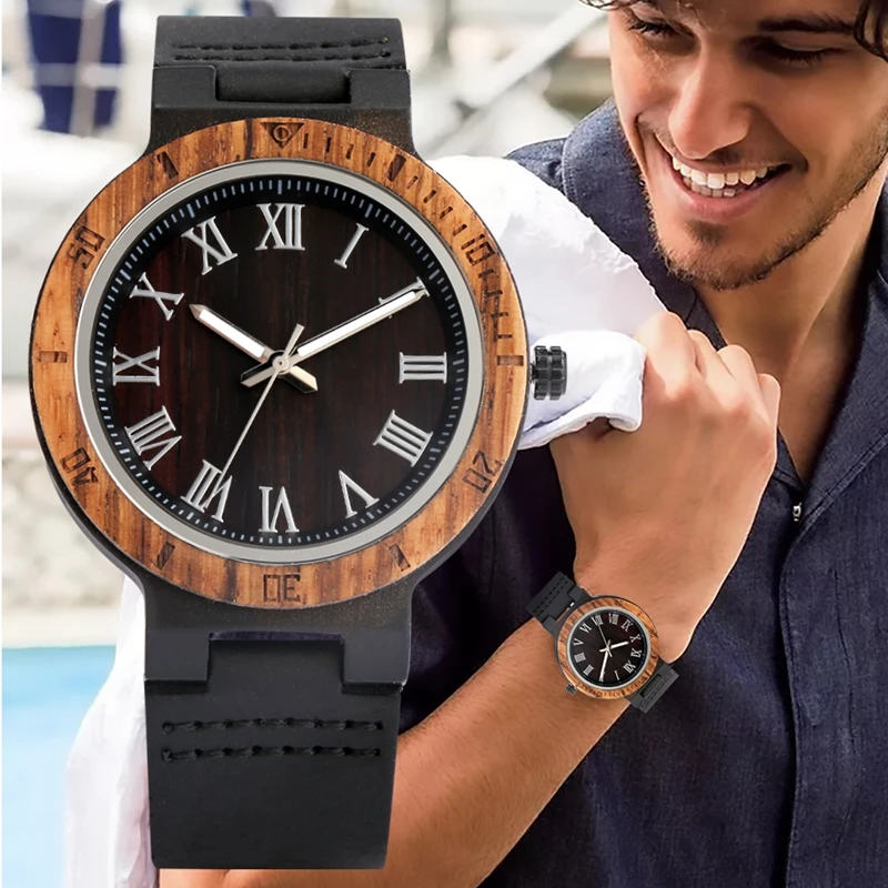 

Male Watch Black Leather Band Romen Numerals Dial Men's Quartz Wooden Watch Pin Buckle Gifts for Father Husband Clock