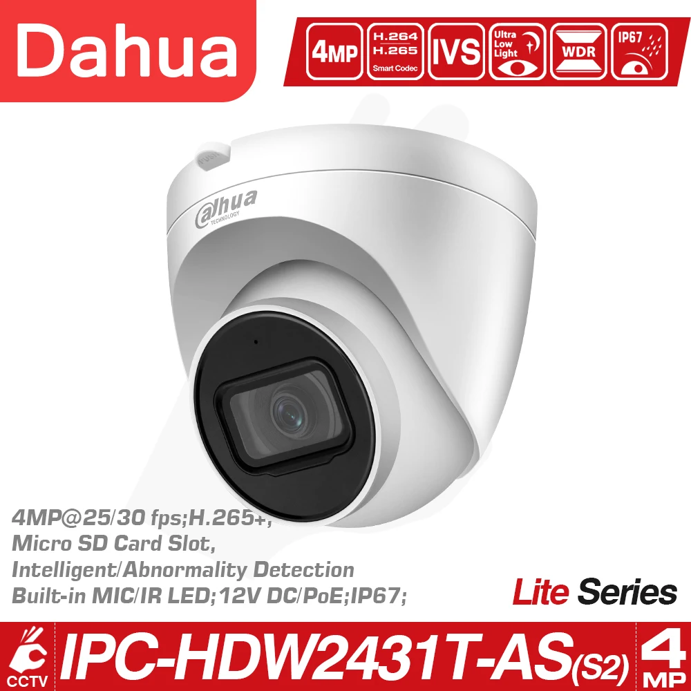 

Dahua OEM IP Camera 4MP Starlight HDW2431T-AS HD POE camera MiC SD Card Slot H.265 IP67 IVS IPC webcam Built-in Mic