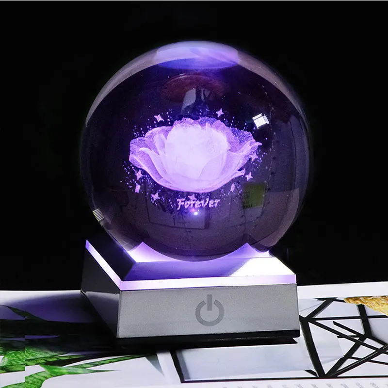 

8 CM 3D Laser Engraving Rose Flower Crystal Ball with FOREVER LED Stand Gift for Women Her Paperweight Sphere Home Decoration