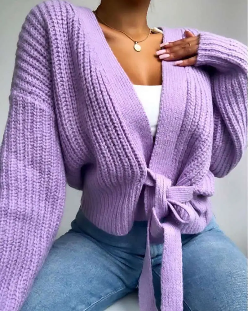 

2021 Women's New Sweater Solid Color V-Neck Lace Up Bow Jumpers Lattern Sleeve Loose Cardigan Female Spring Autumn Knitted Coat