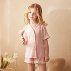 Детские пижамные комплекты с отложным воротником, кружевной пижамный комплект с коротким рукавом для маленьких девочек, Вязаная хлопковая одежда для сна, детская одежда