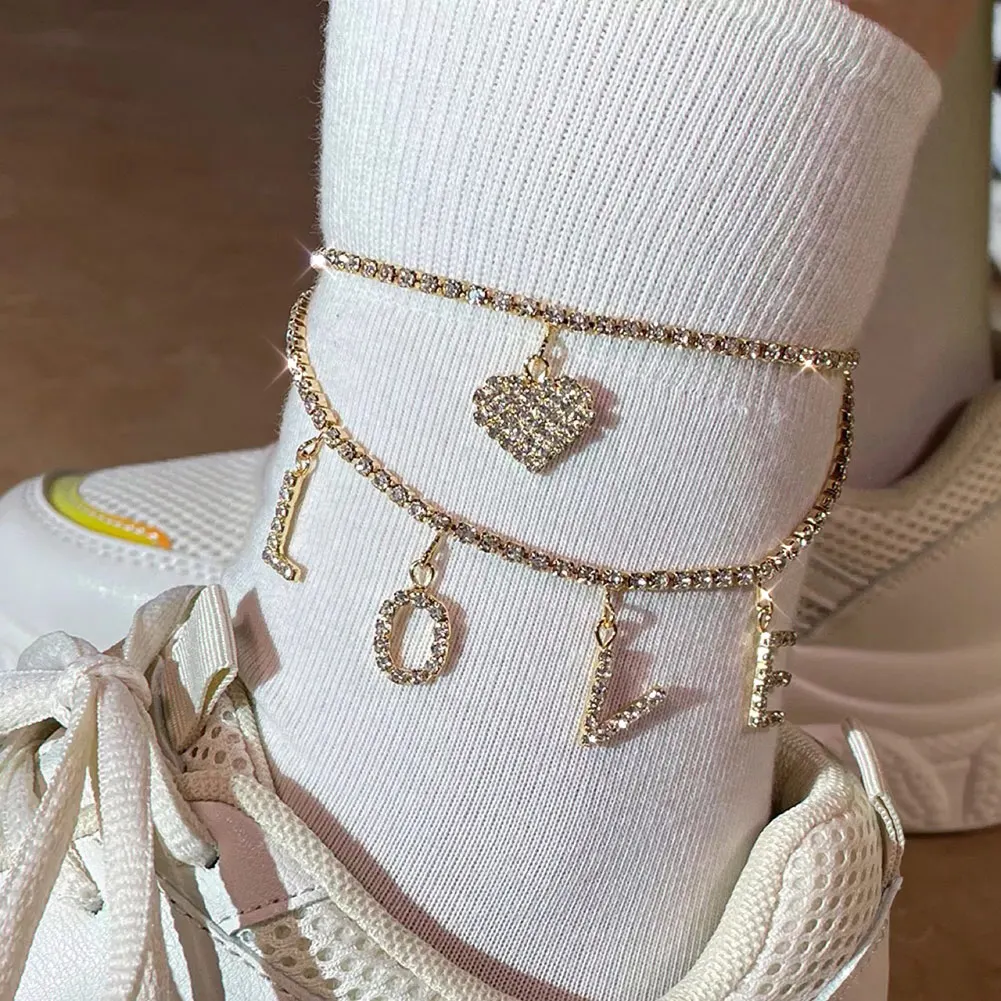 

Punk Crystal Layered Heart Tennis Anklet Bracelet Wholesale Love English Letters Rhinestone Crystal Barefoot Chain Party Jewelry