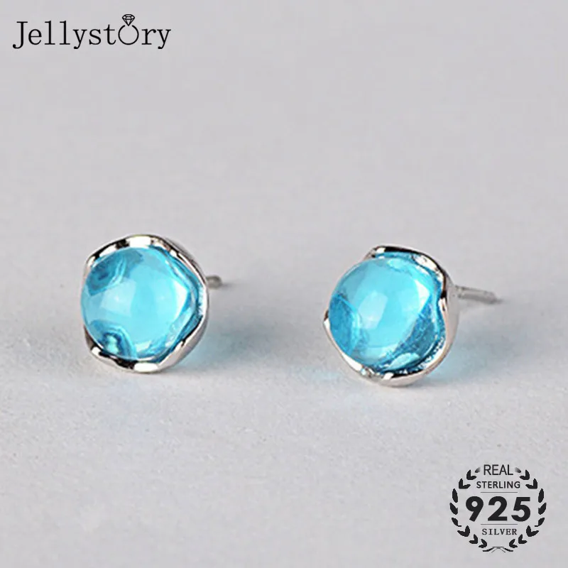 Jellystory Round Blue Crystal Stud Earrings for Women 925 Sterling Silver Fashion Jewellery Wedding Party Gift Wholesale Earring