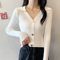sweter mujer autumn winter polo collar women sweater solid button long sleeve top knit all match clothes white slim pull femme
