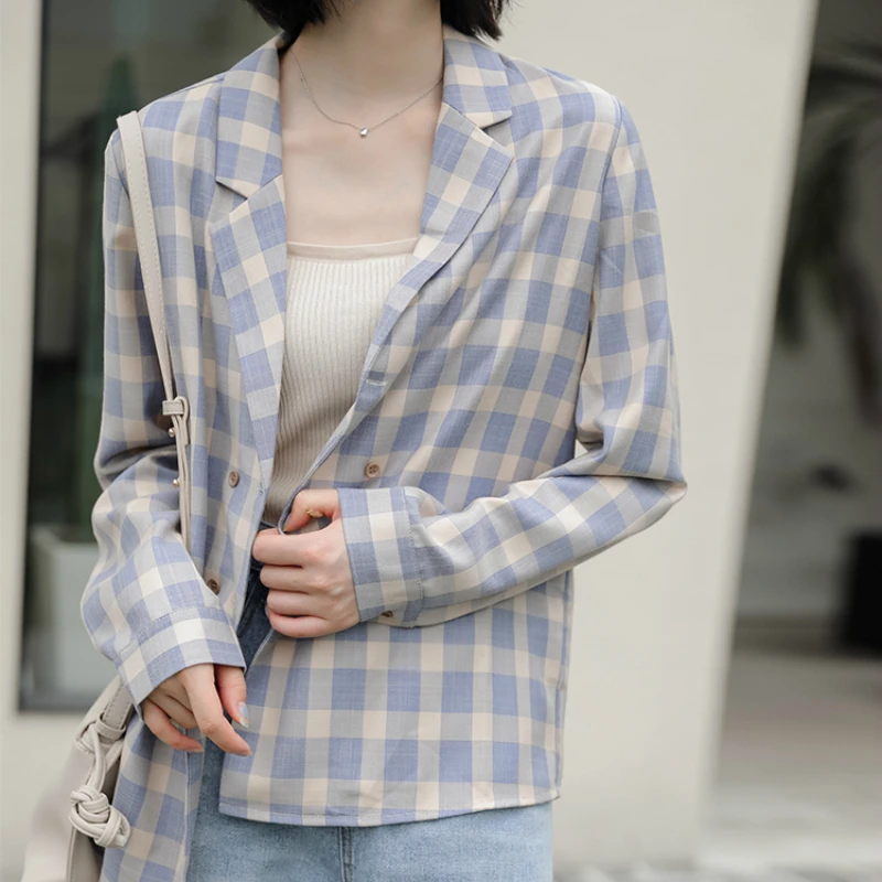 

New Chic Double Breasted Women Plaid Thin Jackets 2021 Spring Long Sleeve Blazer Collar Shirts Top Female Elegant Ladies Outwear
