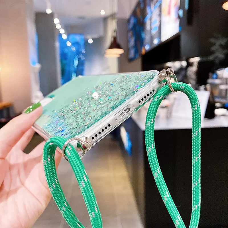 ultra thin bling glitter lanyard silicone phone case for xiaomi redmi note 10 9 8 mi 11 t lite pro luxury necklace rope cover free global shipping