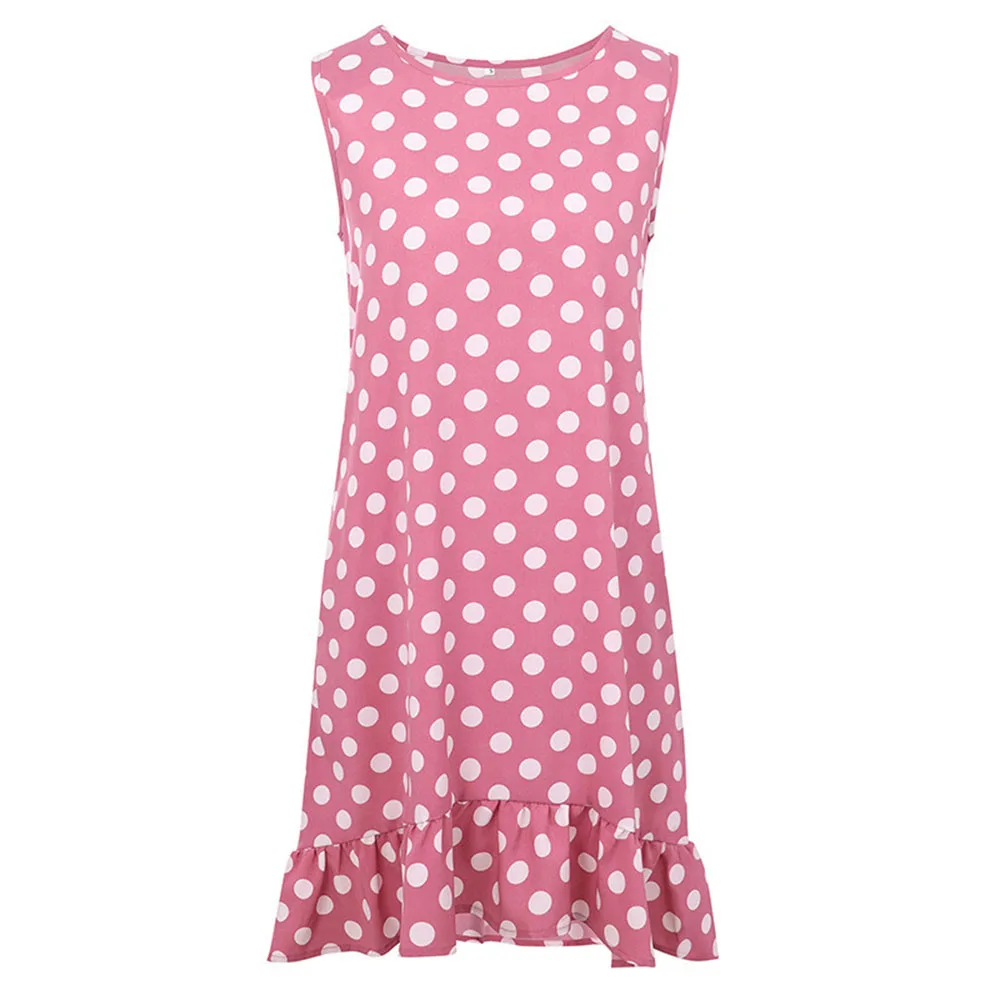 

Summer 2021 Women Dress Boho Fashion Vintage Polka Dots Loose Casual Simple Ruffle Sleeveless Sundress Short Robes Vestidos