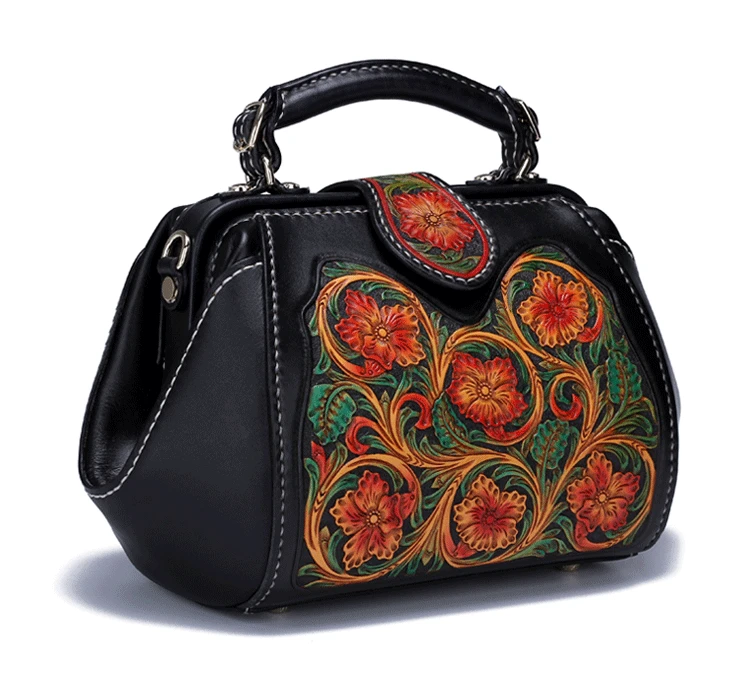 

Genuine Cowhide Tote-bag Chinese National Hand Caved Leather Floral Luxury Big Capacity Versatile Designer Bag for Women 2020