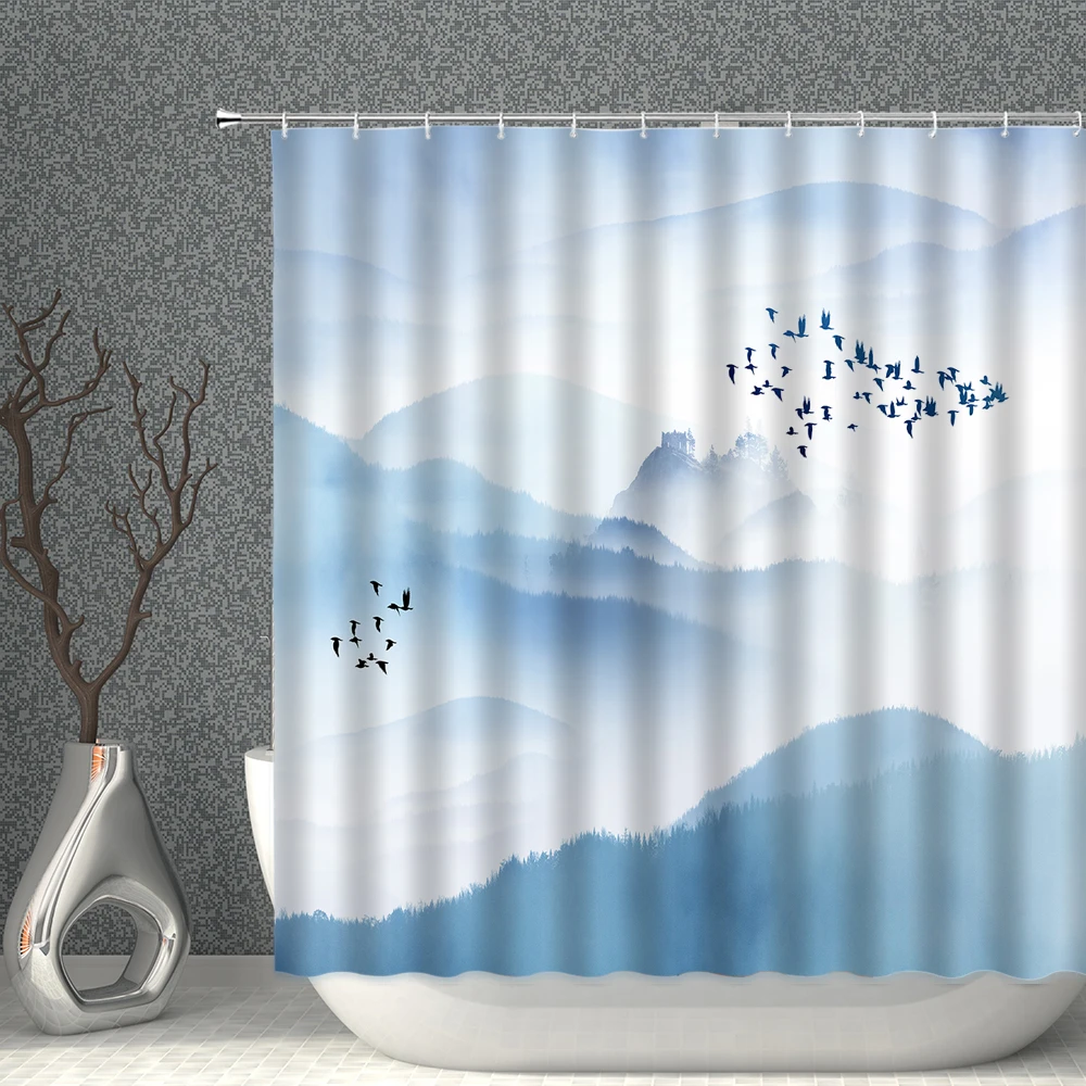 

Китайская традиционная чернильная занавеска для душа с рисунком пейзажа, лес, природный пейзаж, занавеска для ванны, водонепроницаемая тка...