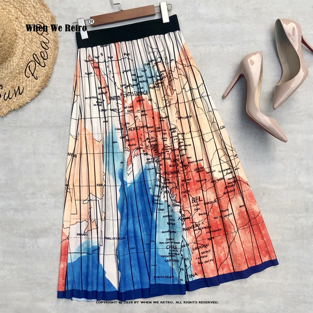 Женская плиссированная юбка средней длины длинная VD2733 с высокой талией и принтом