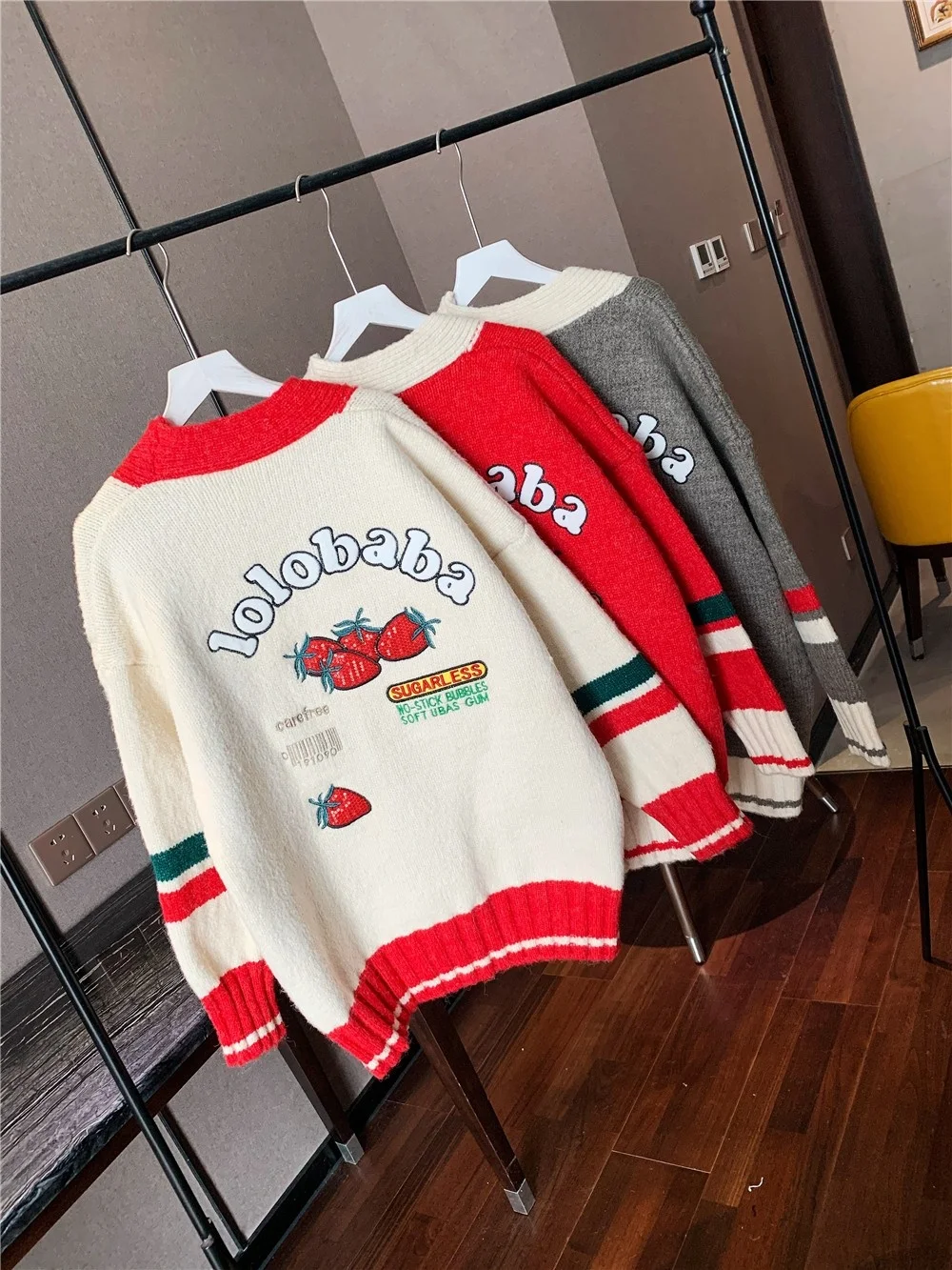 

2020 Autumn New Embroidered Sequin Strawberry Cardigan Loose Lazy Sweater Coat Women