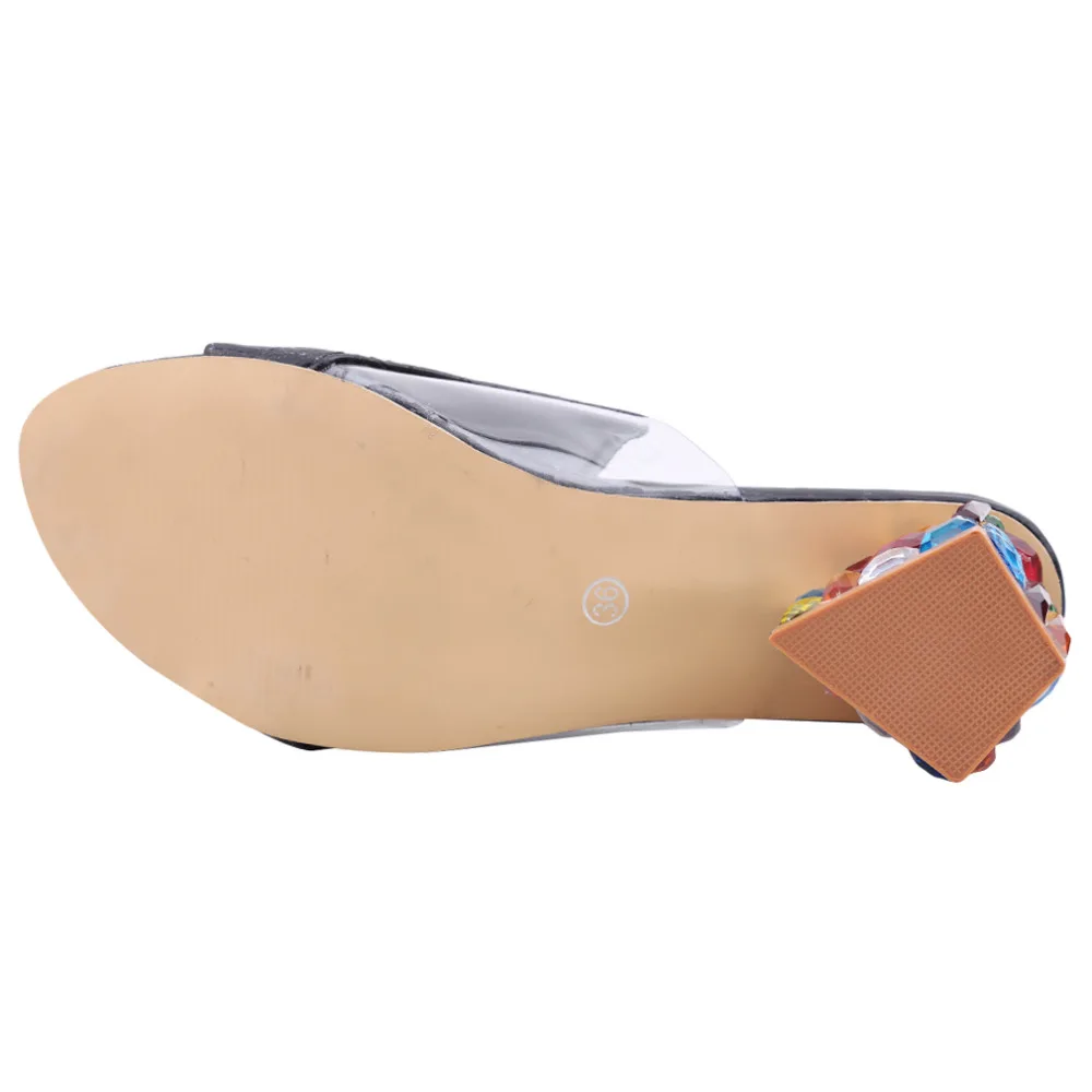 

2018 Crystal High Heel Woman Shoes Peep Toe Rhinestone Slippers Flip Flops Woman Square Heel Sandals Lady Sexy Slippers Footwear