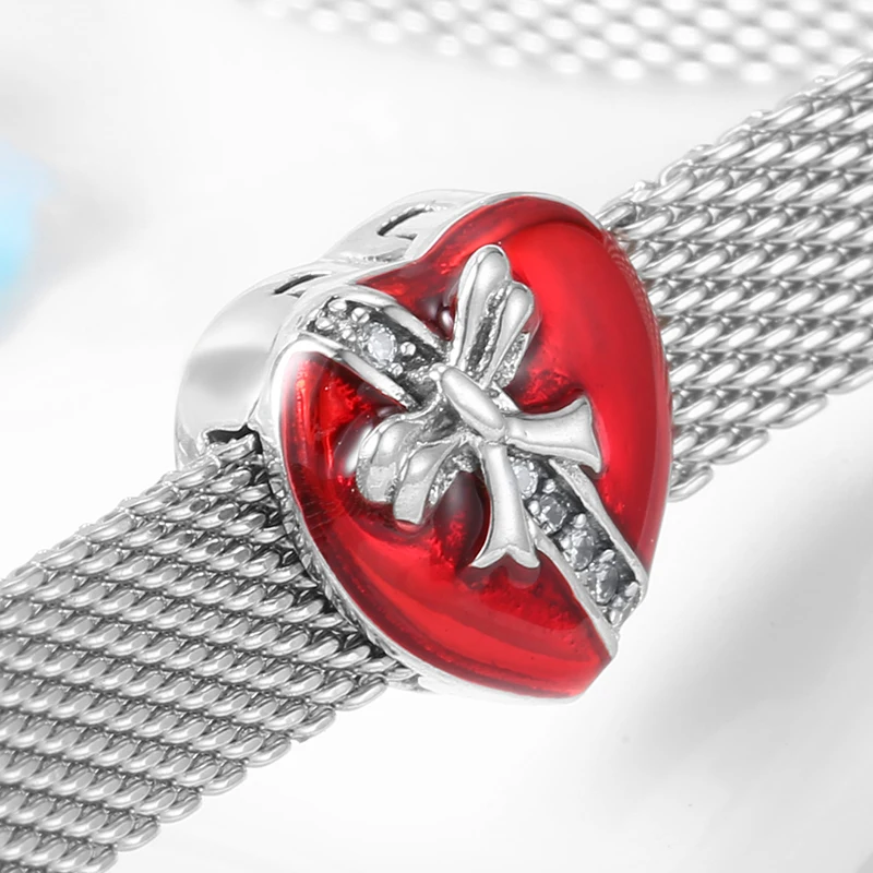 100% Real 925 Sterling Silver Eternal Love CZ Bow Red Enamel Heart Clips Beads Jewelry Making fit Reflection Charm Bracelets | Украшения и