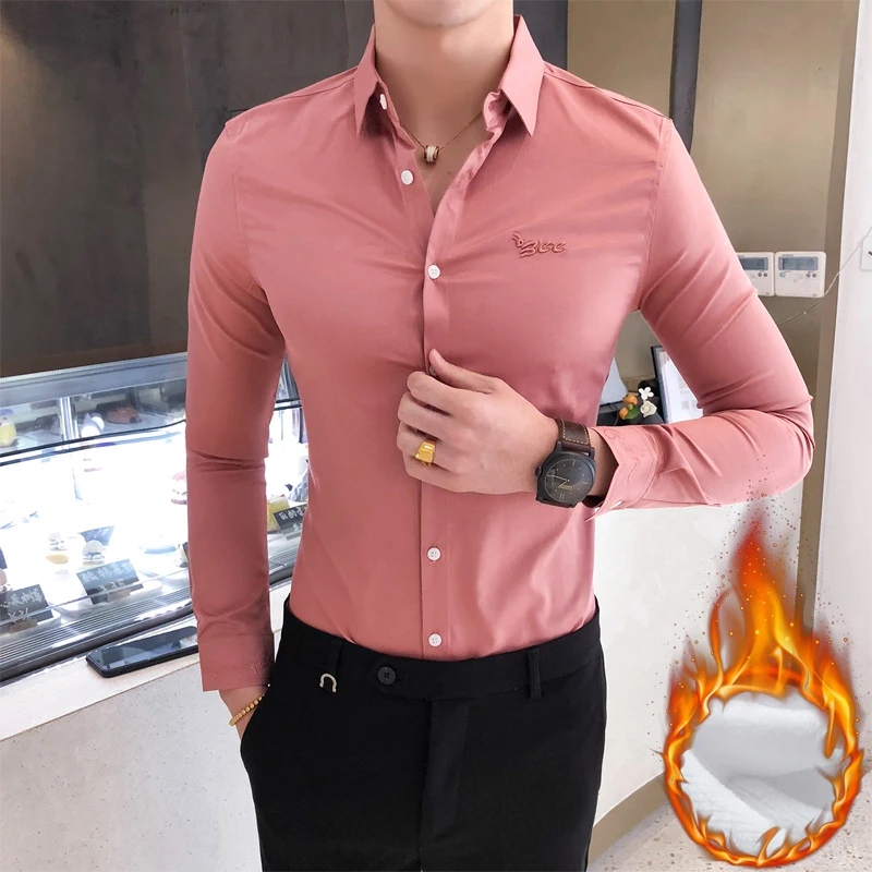 

4Colors Autumn Winter Thick Warm Long Sleeve Letter Embroidery Shirts For Men Clothing Simple Slim Fit Casual Social Shirt Dress
