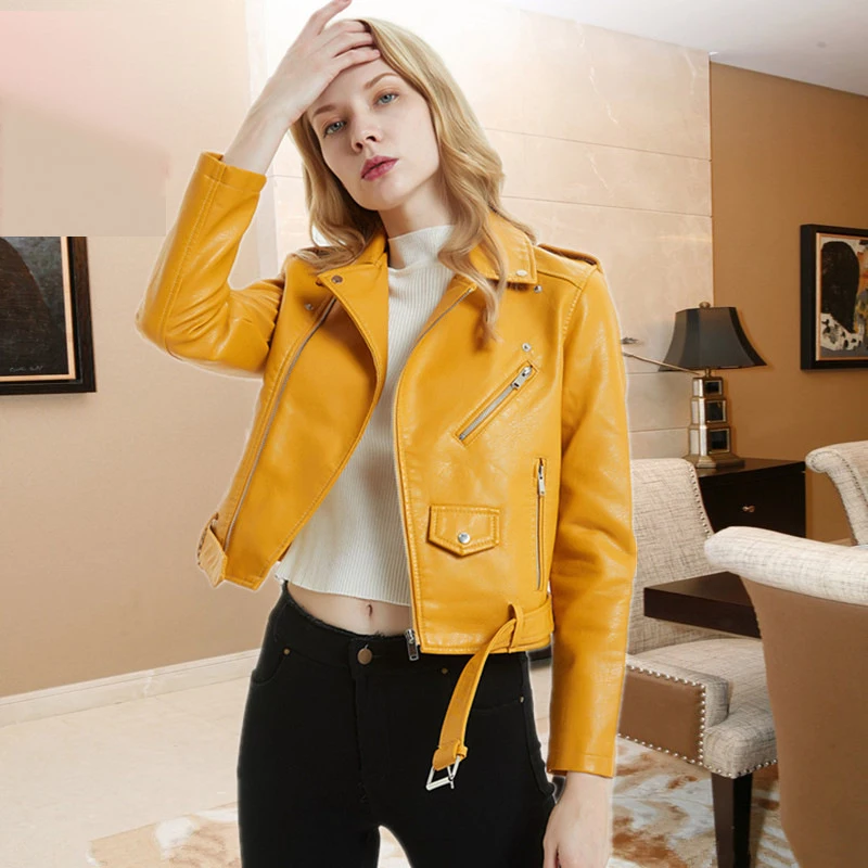 

Brand Zipper PU Leather Jacket Short Pink Motorcycle Jackets With Belt Classic Basic Spring Women Faux Leather Outwear Coats