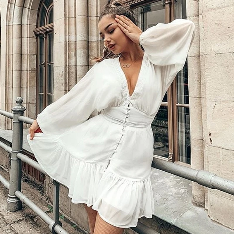 Женское кружевное мини платье с V образным вырезом и длинным рукавом|Женские