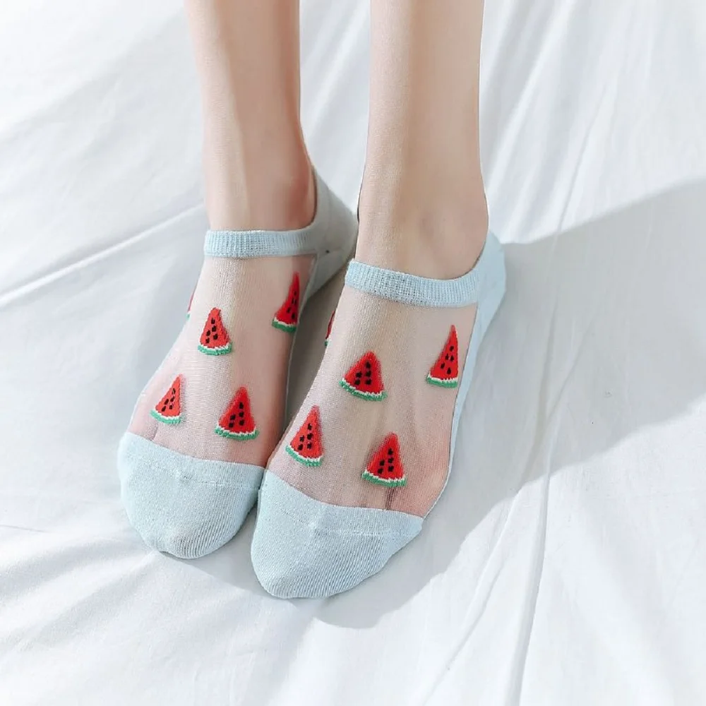 

2020 Fashion Women Girls Casual Summer Fashion Transparent Silk Fruit Print Short Socks Breathable socks Sock Slippers