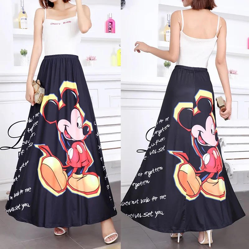 

Disney Mickey Mouse Plaid Summer Women Skirt High Waist Cartoon Student Long Skirts Women Cute Sweet Girls Dance Big Skirt