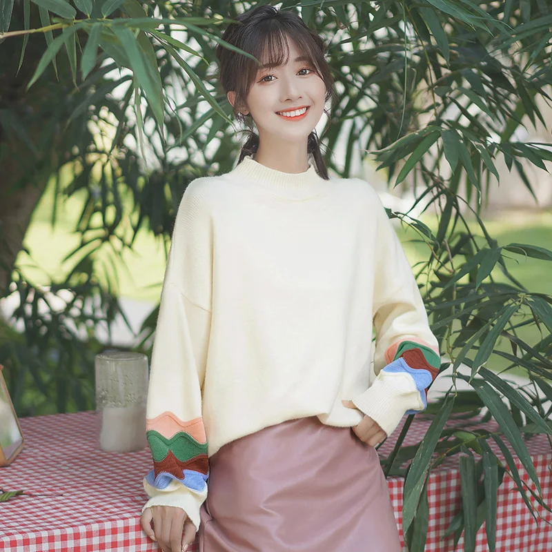 

Chic Khaki 2019 Autumn and Winter New Bottoming Sweater Women's Pullover Inner Wear Loose Student Multi-Colored Half-Turtleneck