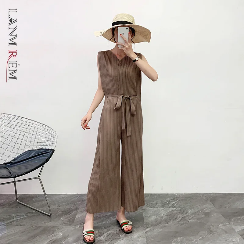 

LANMREM 2022 Autumn New Pleated Jumpsuits For Women Clothes Drawstring Waist Casual Wide Leg Pants Loose Sleeveless YH677