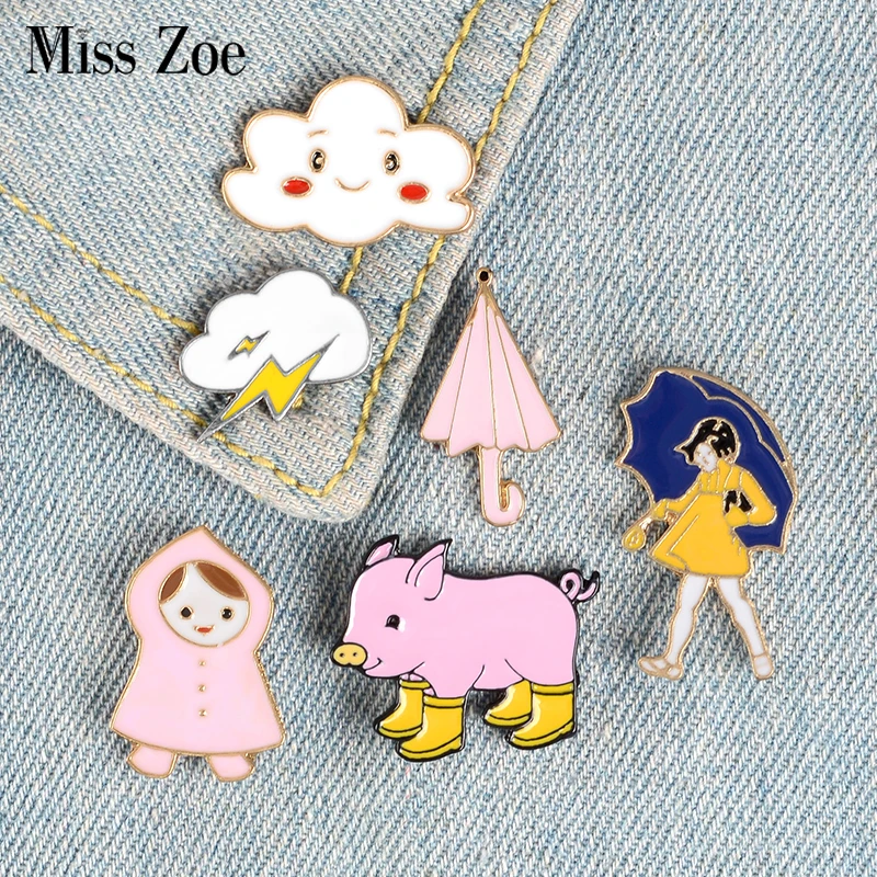 Walking in the Rain Enamel Pins Clouds Girl Umbrella Rainboots Badge Custom Brooch Bag Clothes Lapel Pin Funny Animal Jewelry