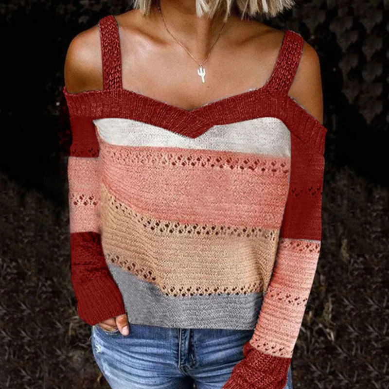 

Сексуальный v-образный вырез с открытыми плечами свободный свитер пуловер на осень с длинными рукавами вязаный свитер для женщин, на каждый ...