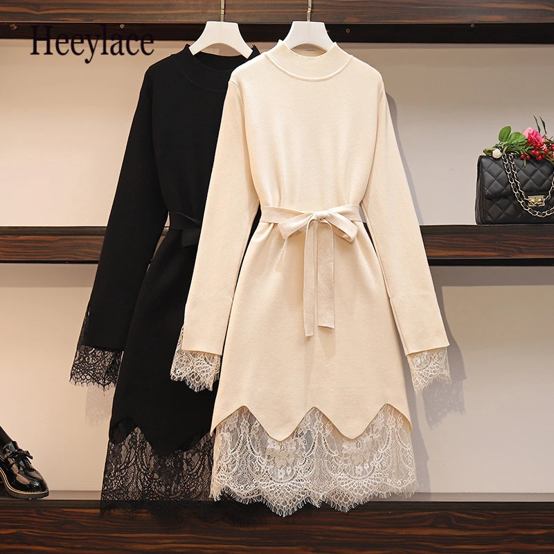 Женский вязаный свитер размера плюс кружевные лоскутные платья зимнее теплое