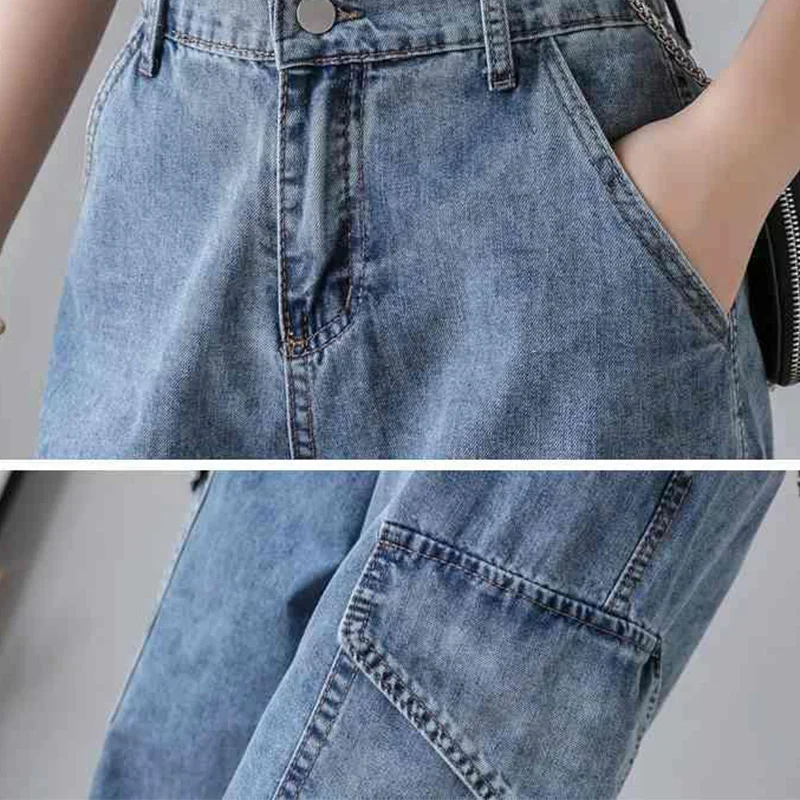

Cargo Jeans Women Loose Boyfriend Vintage Pockets Hole Designer Denim Blue Solid Streetwear Trendy All-match Females Spring New