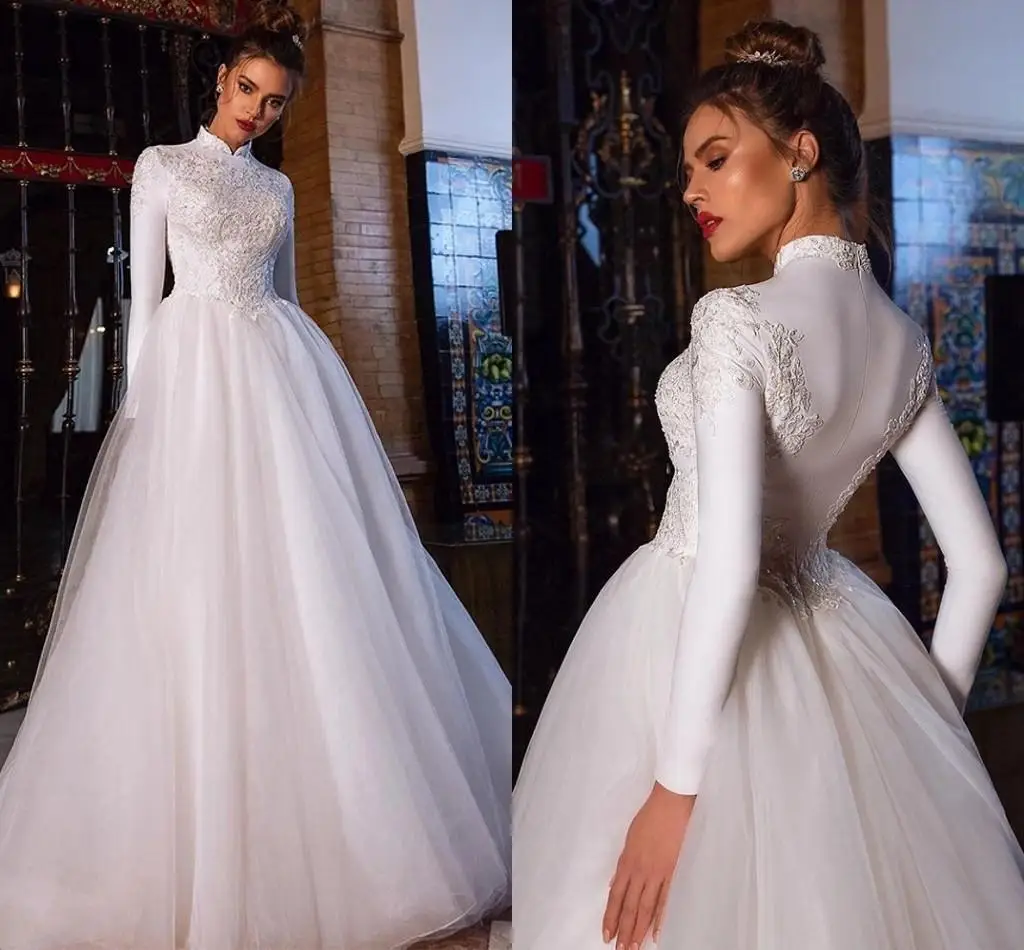 

Modest Muslim A Line Wedding Dress High Collar Lace Appliqued Long Sleeves Floor Length Bridal Gowns Formal Dresses