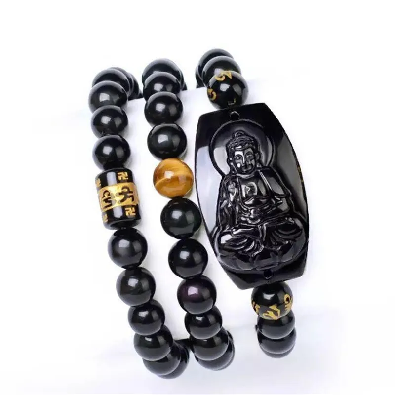 Drop shipp Black Obsidian Beaded Bracelet Hand Carved Buddha Amulet Buddhism Zodiac Patron Saint | Украшения и аксессуары