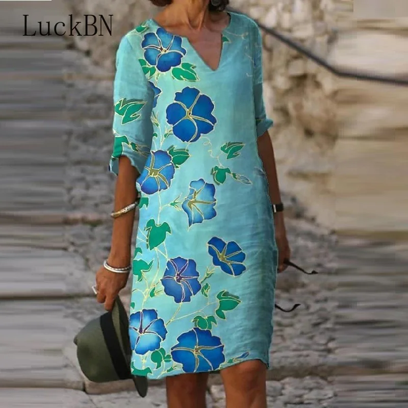 

2021 Elegant Women Clothing Dress Summer V-Neck Half Sleeve A-Line Dresses Female Vintage Loose Dress Vestidos Harujuku Dress