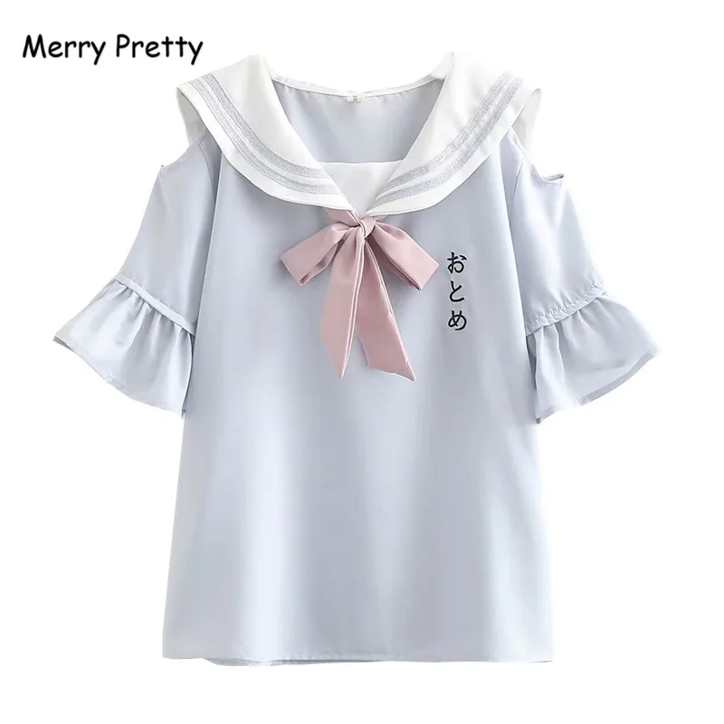 Фото Женская блузка с бантом и открытыми плечами Merry Pretty розовая рубашка матросским Женская блузка с бантом и открытыми плечами Merry Pretty розовая рубашка матросским
