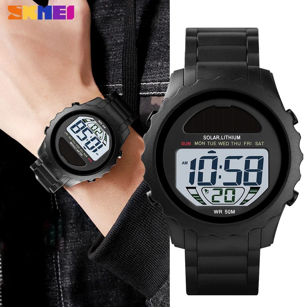 

SKMEI Роскошные спортивные мужские цифровые часы, светодиодный солнечной энергии мужские часы военный хронограф водонепроницаемые наручные ...