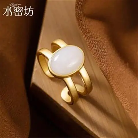

S925 Sterling Silver Hetian Jade White Jade Ring Fashion Personality Female Simple Opening Ring Retro Gilding Craft Ring