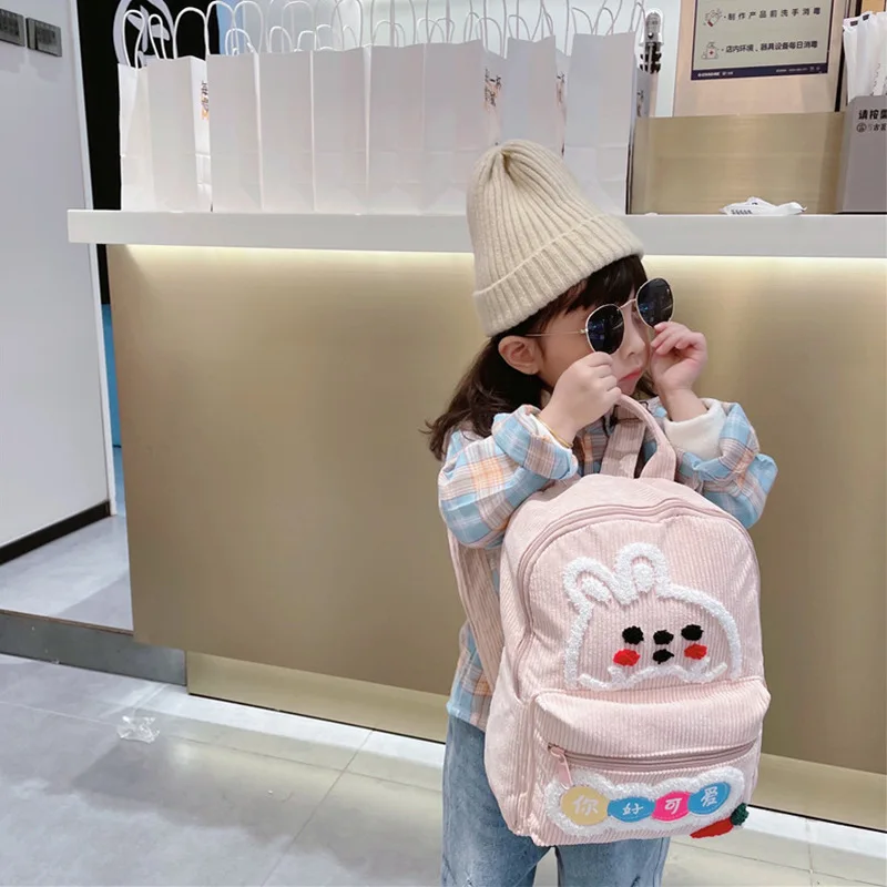 Children's Bags Corduroy Backpack Cartoon Husky rabbit Cute Kindergarten Pink Zipper Backpack Baby Animal Small green Backpack