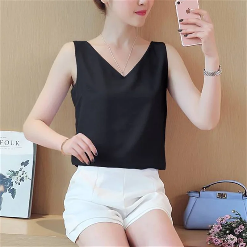 

Women Tank Top Woman Chiffon Halter Top Plus Size Summer Sexy V Neck Sleeveless Tops Vest Female 2019 Korean OL Shirt Tops Women
