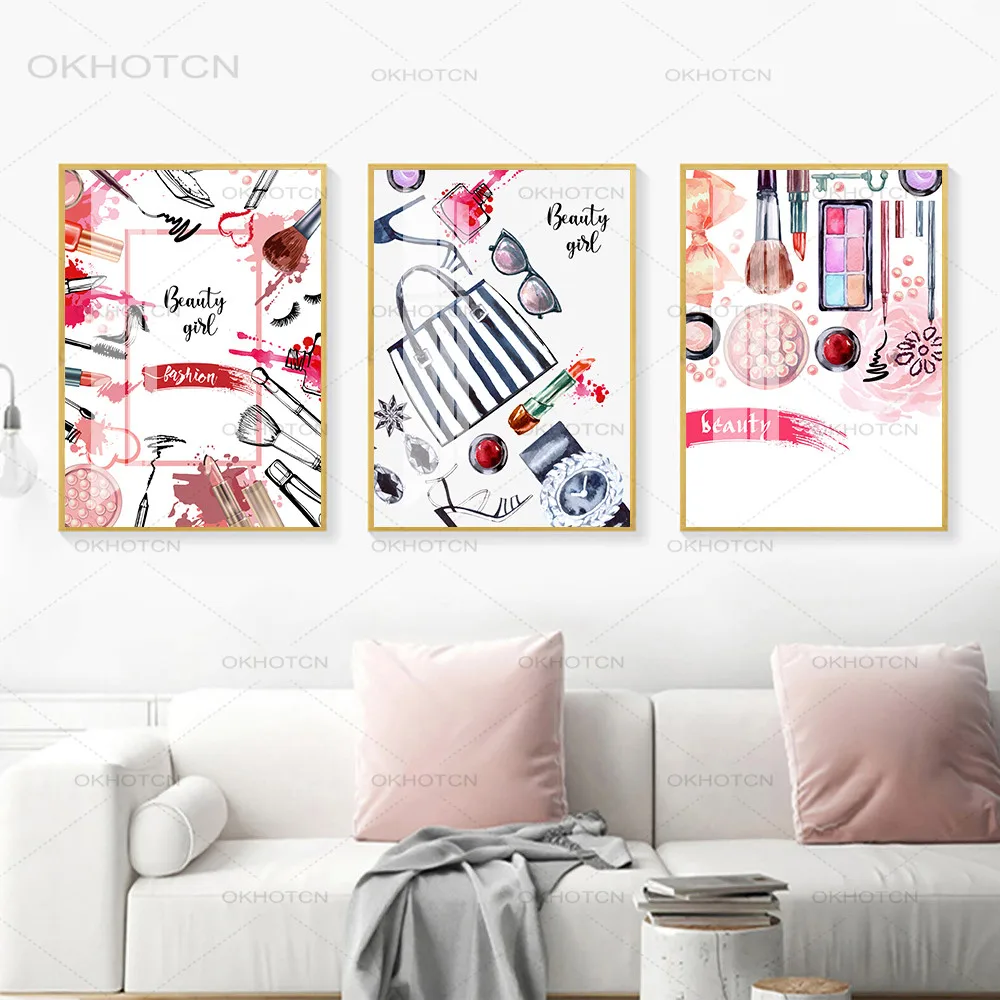 

Lipstick Perfume Handbags Fashion Poster Makeup Floral Print Canvas Art Painting Wall Picture Modern Girl Room Home Decoration