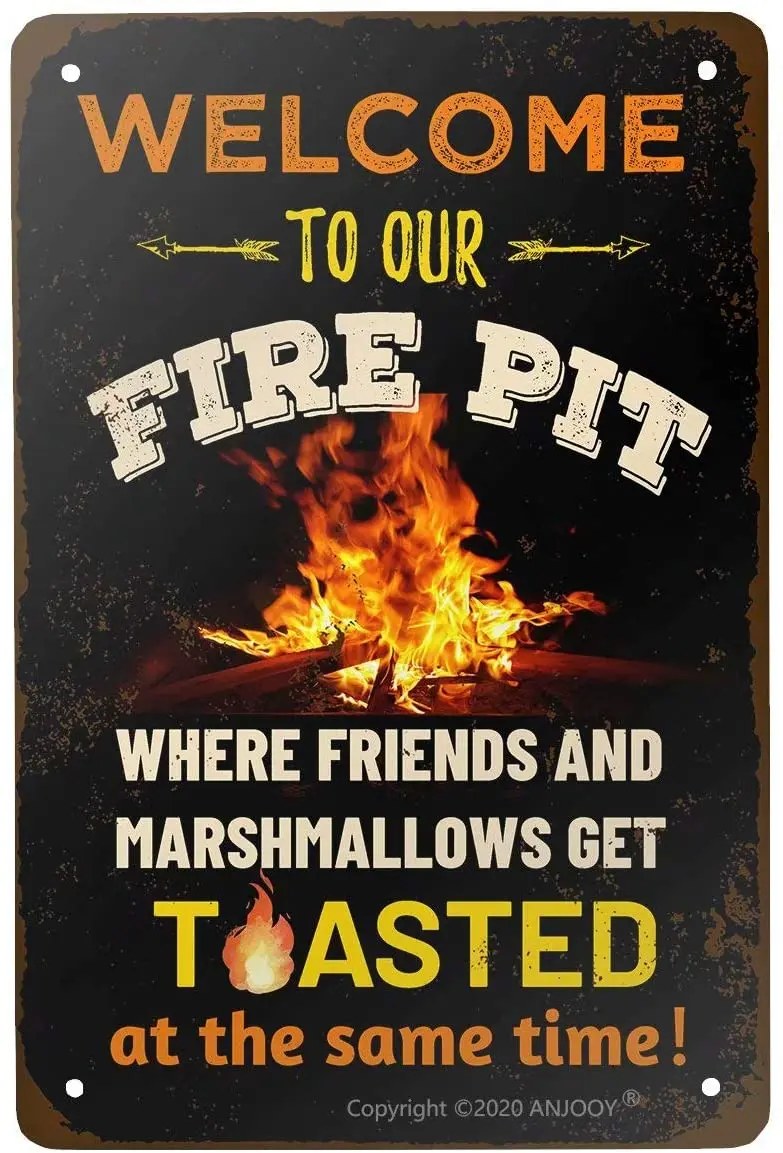 

ANJOOY Vintage Metal Funny Camping Tin Sign - Welcome to Our Fire Pit Where Friends and Marshmallows Get Toasted -Outdoor Porch