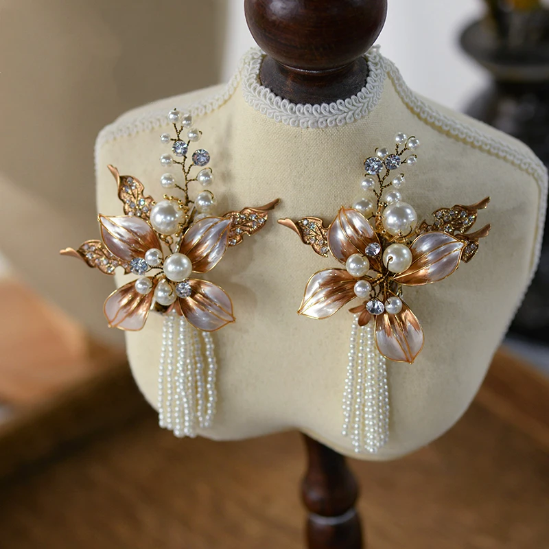 

NiuShuya Lovely Girls Champagne Brides Hairpins Flower Pearl Headbands Crystal Tassles Hair Pins Wedding Hair Accessories