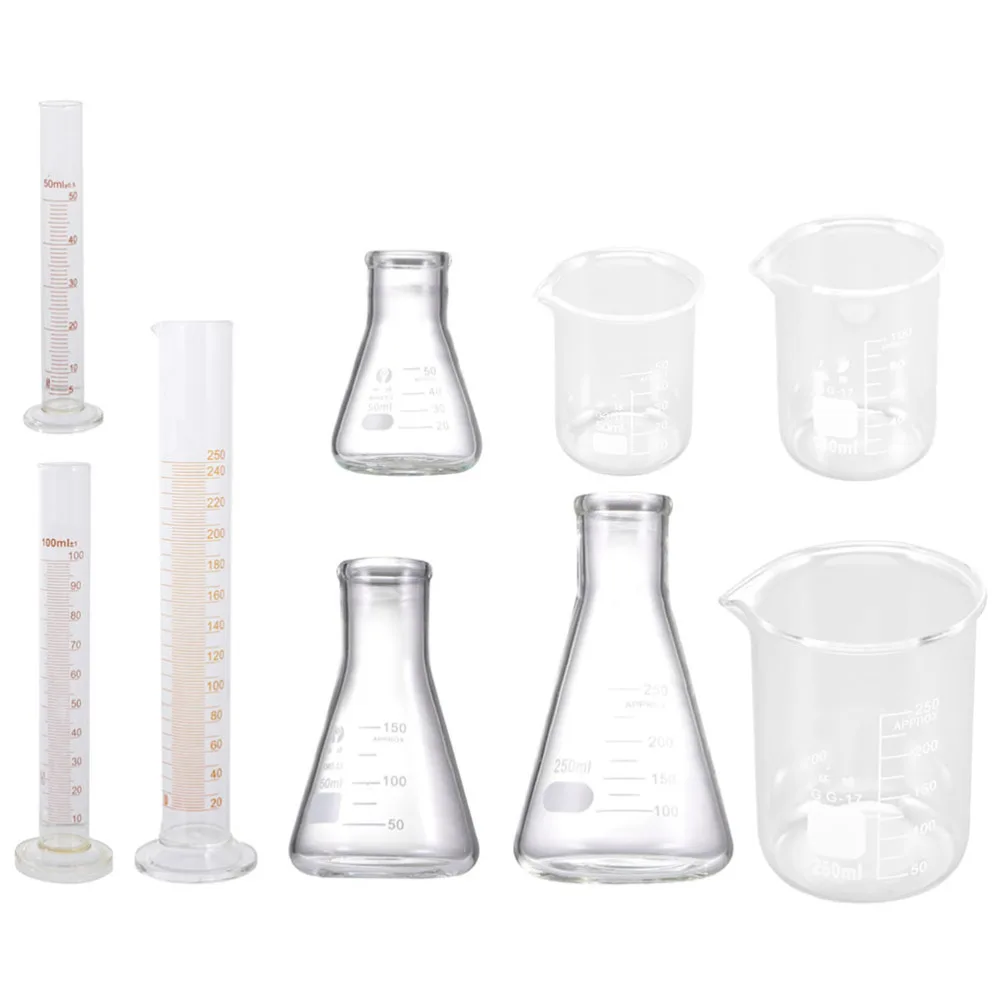 

9pcs Scientific Laboratory Tool (Glass Graduated Cylinder Beaker Conical Flask)