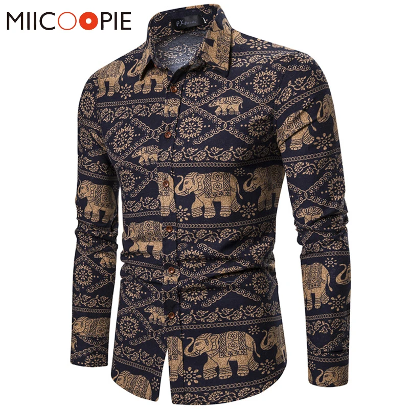 Мужская приталенная рубашка с длинным рукавом полосатая принтом слонов в стиле