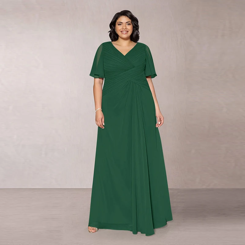 

New Affordable Green Chiffon Full Length Mother of the Bride Dresses Short Sleeve V Neck A Line Wedding Guest Gowns Back Out