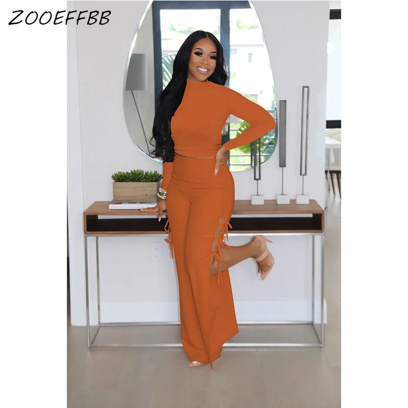 

Женский комплект из двух предметов ZOOEFFBB, модный осенний Топ с длинным рукавом и Асимметричные облегающие брюки с высоким разрезом, уличная ...