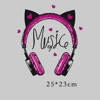 25x23cm ear music headset iron on patches for diy heat transfer clothes t shirt thermal transfer stickers decoration printing